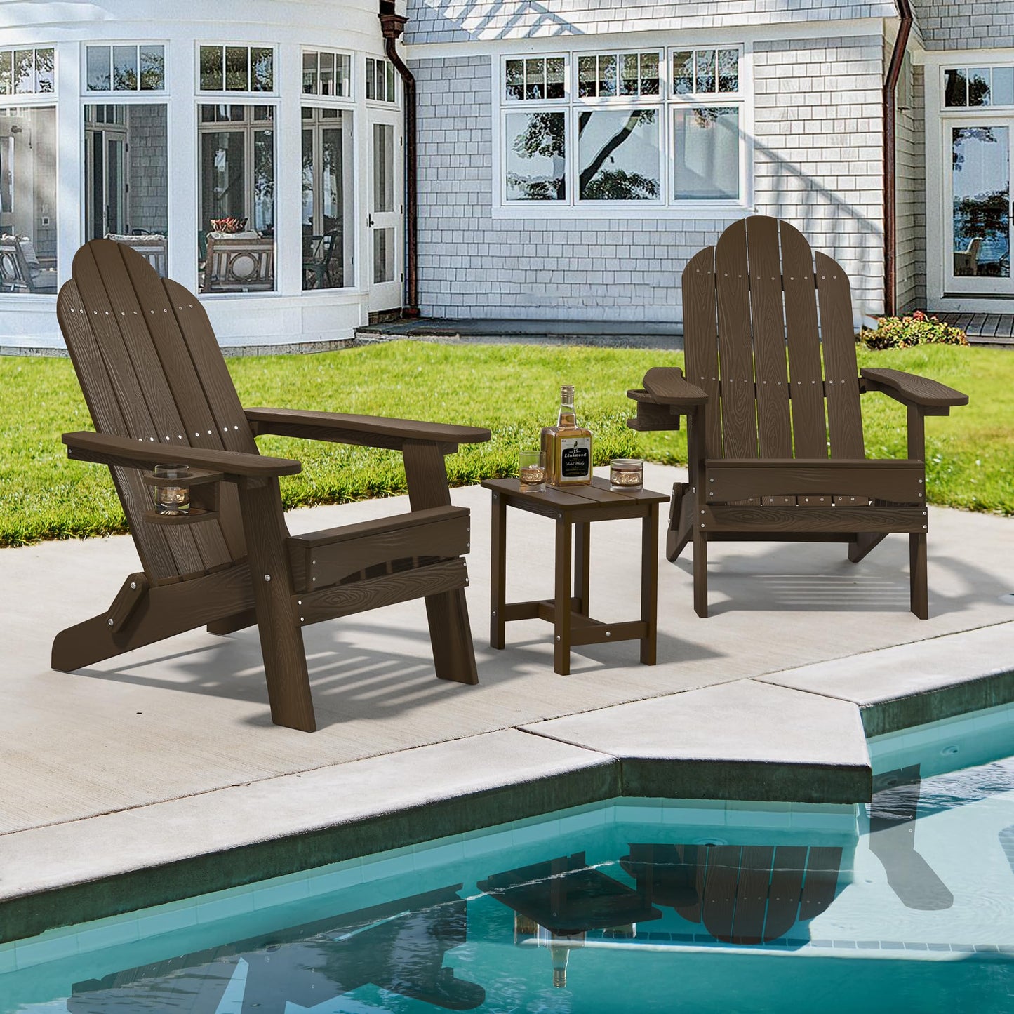 LUE BONA Folding Adirondack Chair Set of 4, Dark Gray HDPS Fire Pit Patio Chairs Weather Resistant, Modern Plastic Outdoor Chairs with Cup Holder | All-weather-resistant, ergonomic curved design, all-day comfortable sitting, HDPS Distinct texture & vibran