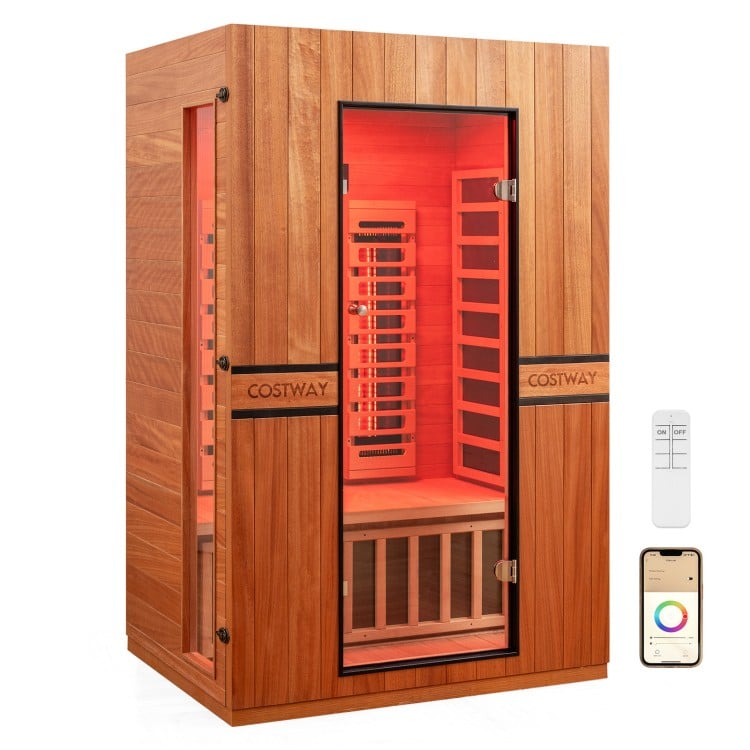 Costway 2-Person Dual Therapy Full Spectrum Infrared Sauna with Red Light Panel, WiFi App Control, Chromotherapy & Bluetooth – Okoume Wood- Fully Loaded Indoor Spa