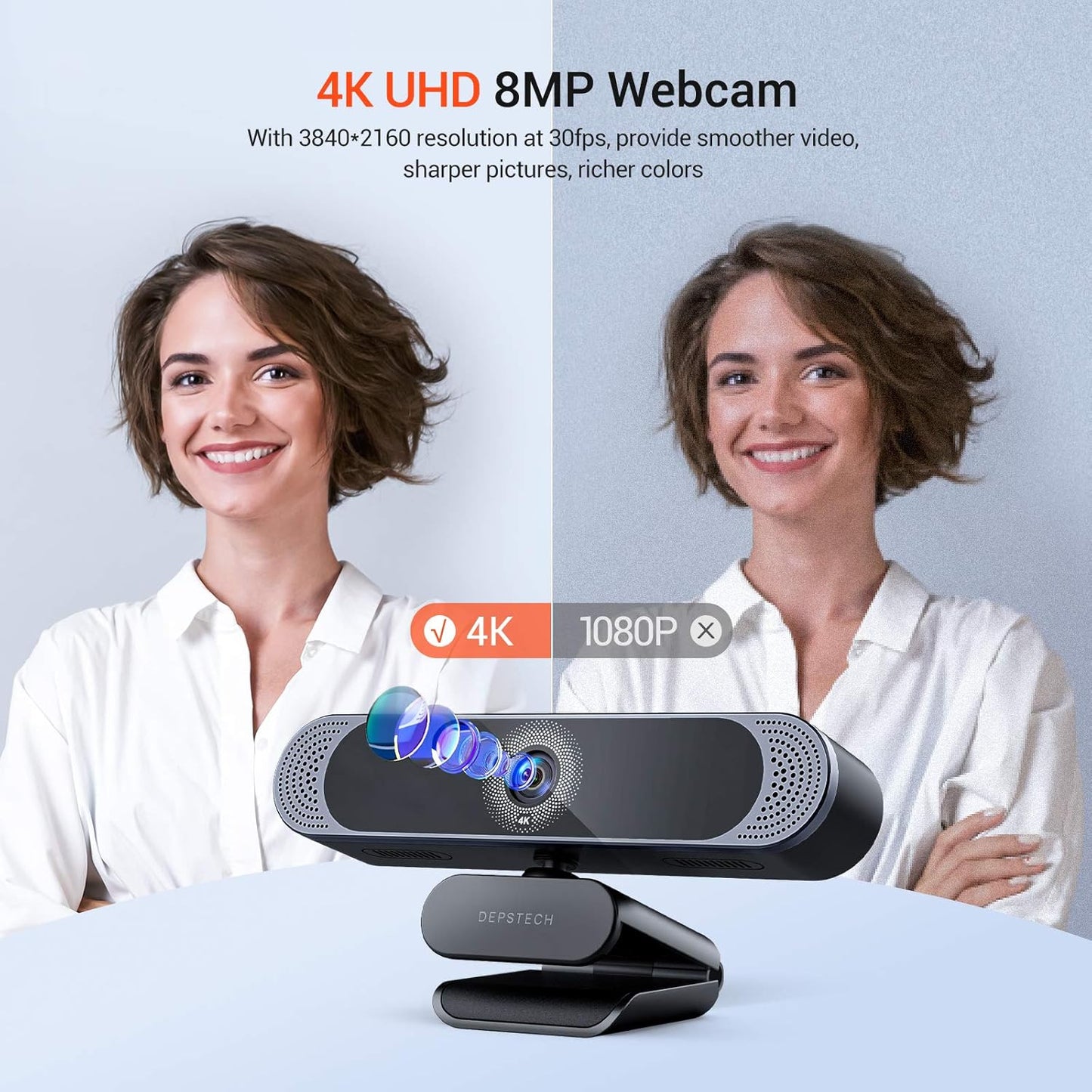 4K Webcam, DW49 HD 8MP Sony Sensor Autofocus Webcam with Microphone, Privacy Cover and Tripod, Plug and Play USB Computer Web Camera for Pro Streaming/Online Teaching/Video Calling/Zoom/Skype