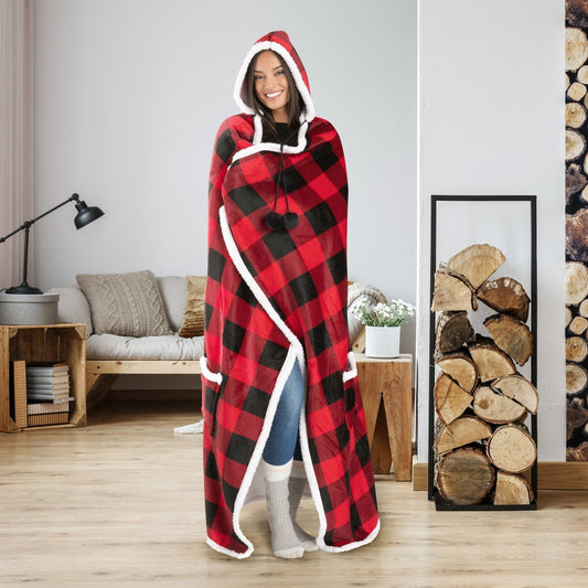 Red and black hooded flannel blanket