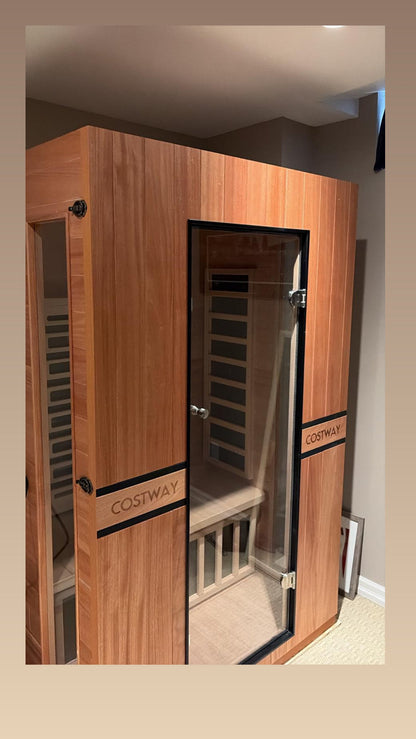 Costway 2-Person Dual Therapy Full Spectrum Infrared Sauna with Red Light Panel, WiFi App Control, Chromotherapy & Bluetooth – Okoume Wood- Fully Loaded Indoor Spa
