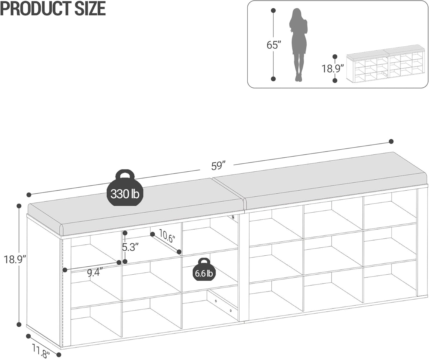 Hzuaneri Shoe Storage Bench with Cushion, Storage Bench with 18 Cubbies | 9.5" Widened Organizer Cabinet, Bench with Storage, Long Cubby Rack for Living Room, Bedroom, Entryway, White SB25703GY
