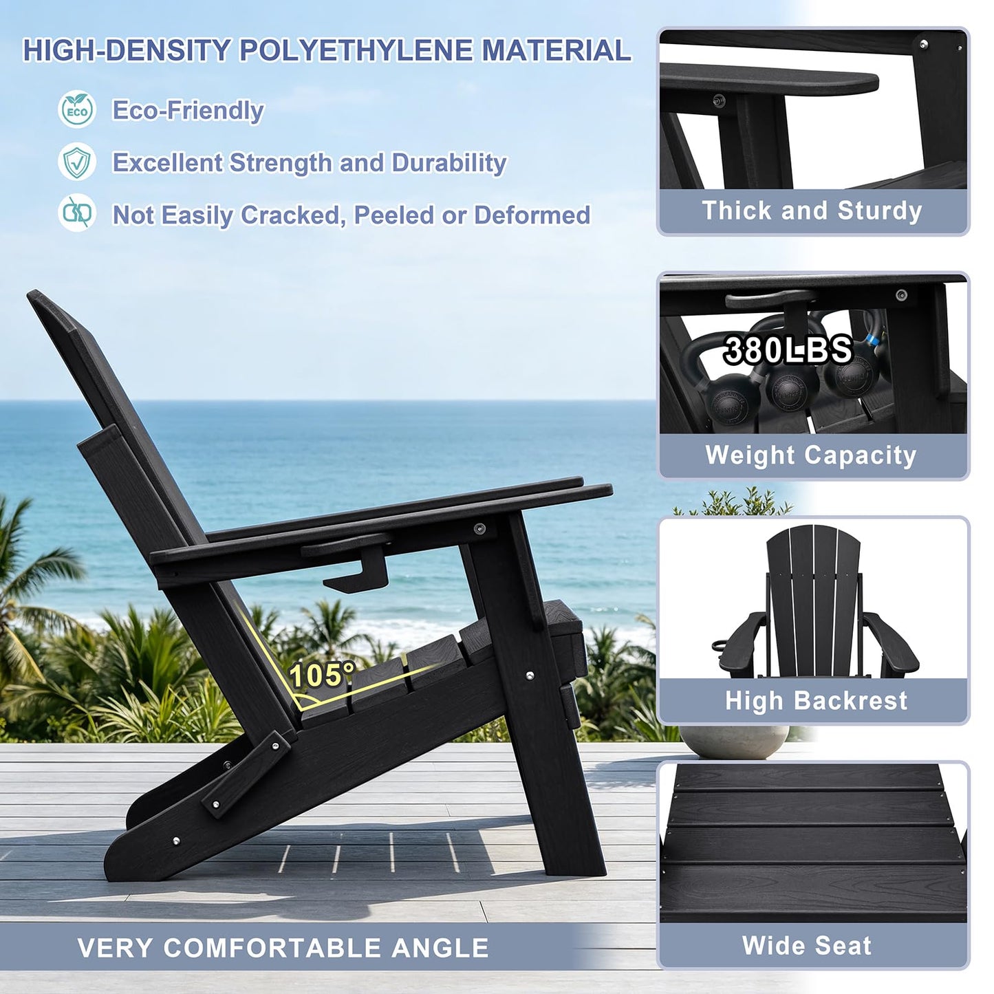 Skypatio 3 Pieces Folding Adirondack Chairs Set, Weather Resistant Adirondack Chairs Set of 2 with Cup Holder and 1 Side Table, 380 lb Weight Capacity Portable Patio Fire Pit Chairs (Gray)