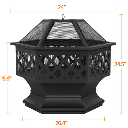 Yaheetech Hexagon Fire Pit Fireplace Portable Firepit Iron Brazier Wood Burning Coal Pit Hex Shaped Fire Bowl Stove with Spark Screen Cover for Outdoor Outside Camping Patio Garden Backyard 24in Black