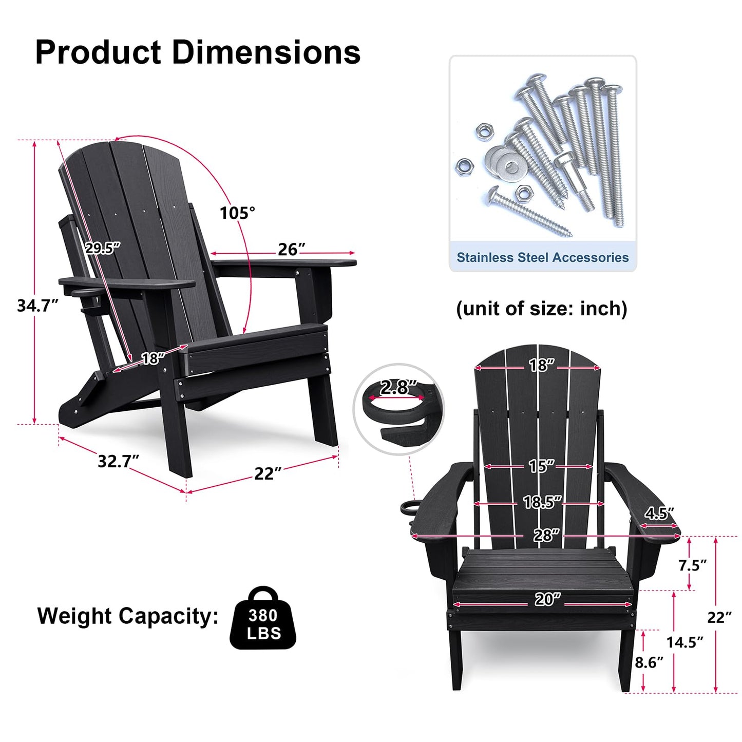 Skypatio 3 Pieces Folding Adirondack Chairs Set, Weather Resistant Adirondack Chairs Set of 2 with Cup Holder and 1 Side Table, 380 lb Weight Capacity Portable Patio Fire Pit Chairs (Gray)