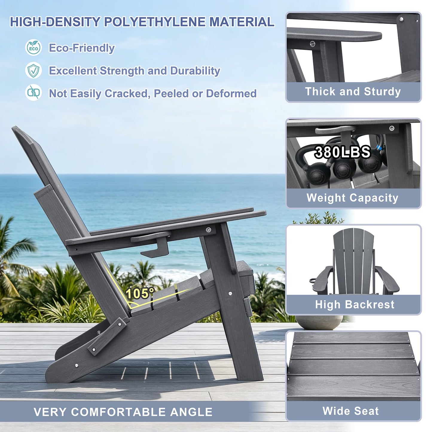 Skypatio 3 Pieces Folding Adirondack Chairs Set, Weather Resistant Adirondack Chairs Set of 2 with Cup Holder and 1 Side Table, 380 lb Weight Capacity Portable Patio Fire Pit Chairs (Gray)