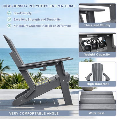 Skypatio 3 Pieces Folding Adirondack Chairs Set, Weather Resistant Adirondack Chairs Set of 2 with Cup Holder and 1 Side Table, 380 lb Weight Capacity Portable Patio Fire Pit Chairs (Gray)