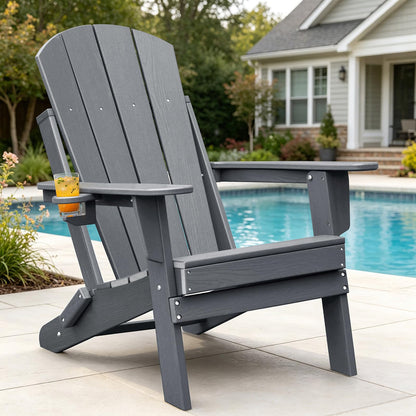 Skypatio 3 Pieces Folding Adirondack Chairs Set, Weather Resistant Adirondack Chairs Set of 2 with Cup Holder and 1 Side Table, 380 lb Weight Capacity Portable Patio Fire Pit Chairs (Gray)