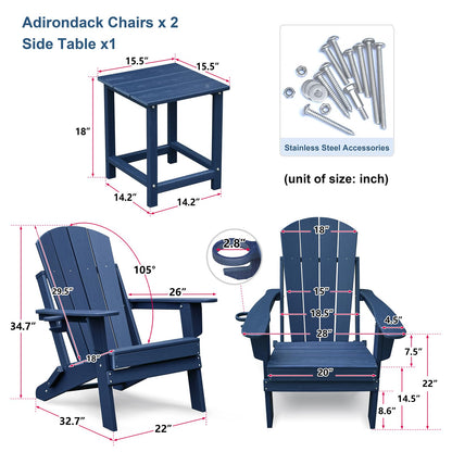 Skypatio 3 Pieces Folding Adirondack Chairs Set, Weather Resistant Adirondack Chairs Set of 2 with Cup Holder and 1 Side Table, 380 lb Weight Capacity Portable Patio Fire Pit Chairs (Gray)