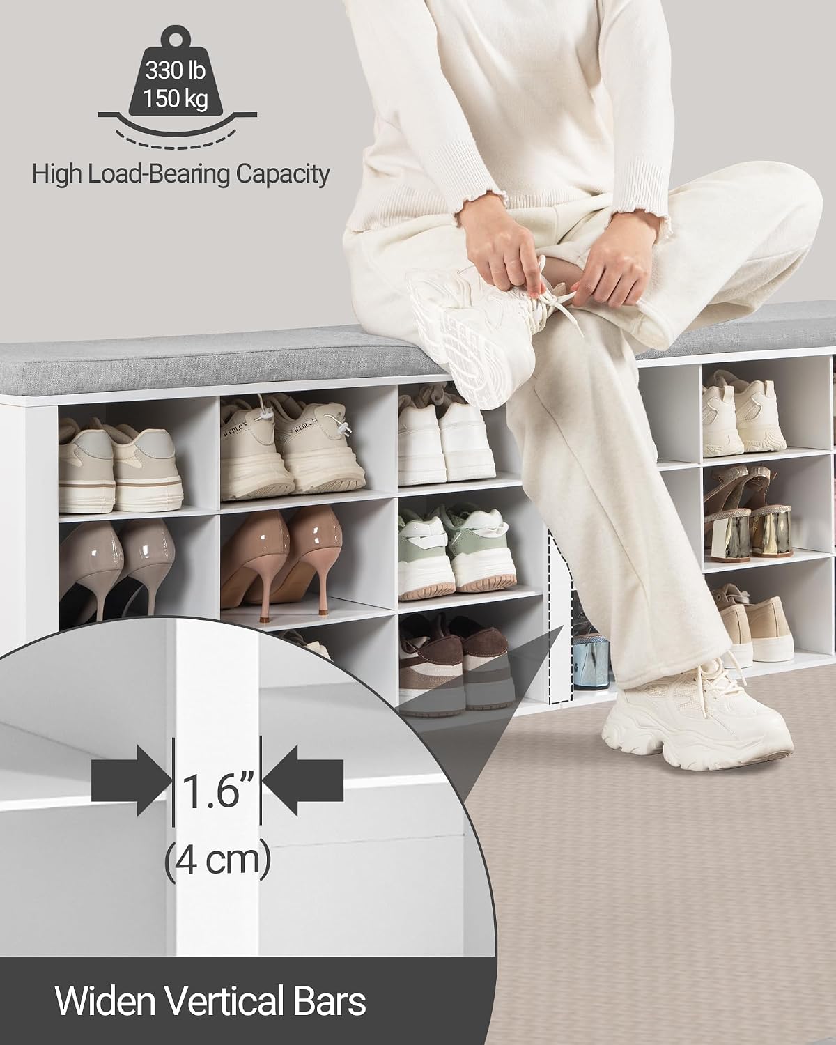 Hzuaneri Shoe Storage Bench with Cushion, Storage Bench with 18 Cubbies | 9.5" Widened Organizer Cabinet, Bench with Storage, Long Cubby Rack for Living Room, Bedroom, Entryway, White SB25703GY