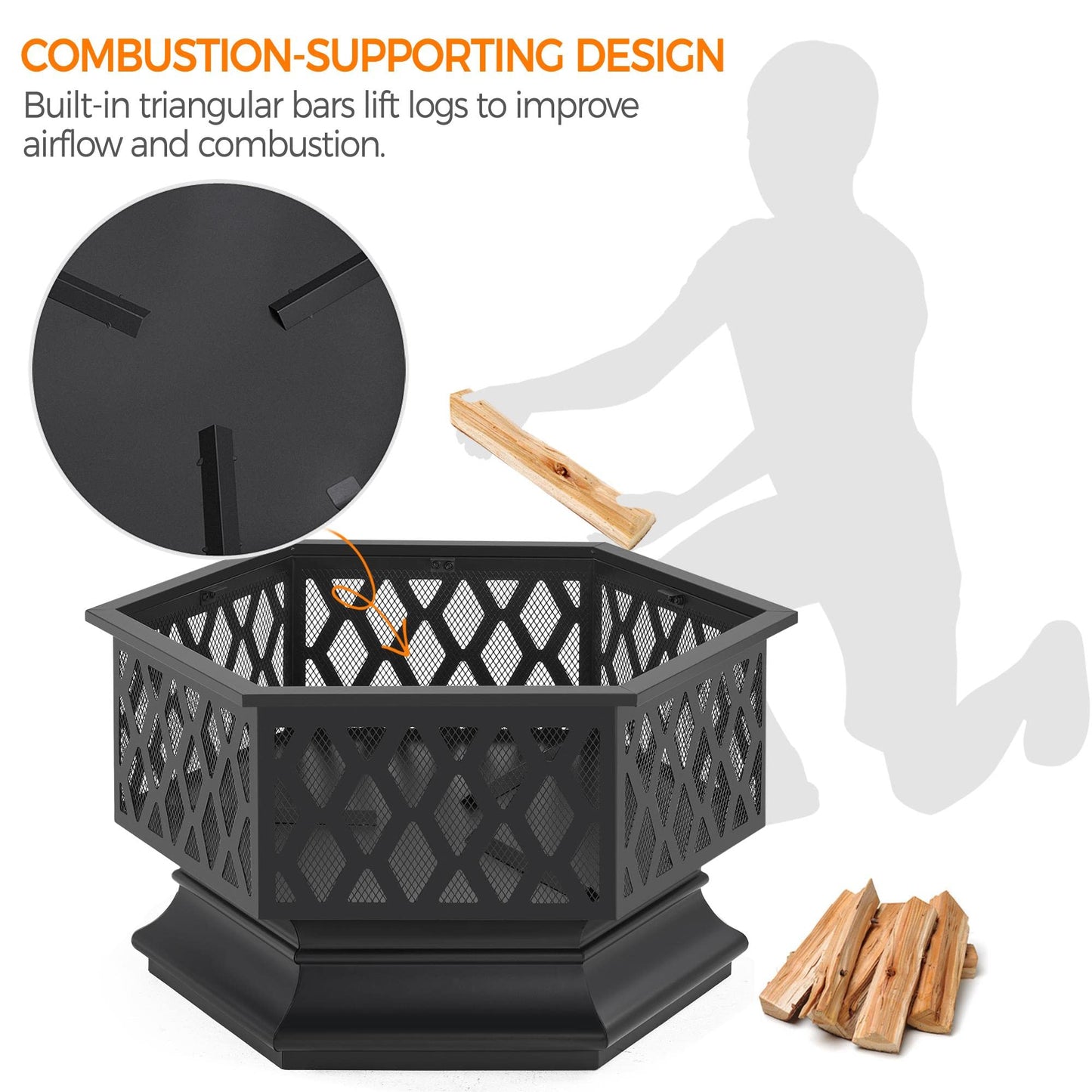 Yaheetech Hexagon Fire Pit Fireplace Portable Firepit Iron Brazier Wood Burning Coal Pit Hex Shaped Fire Bowl Stove with Spark Screen Cover for Outdoor Outside Camping Patio Garden Backyard 24in Black