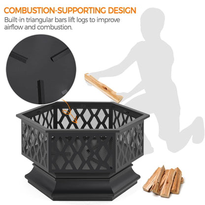 Yaheetech Hexagon Fire Pit Fireplace Portable Firepit Iron Brazier Wood Burning Coal Pit Hex Shaped Fire Bowl Stove with Spark Screen Cover for Outdoor Outside Camping Patio Garden Backyard 24in Black