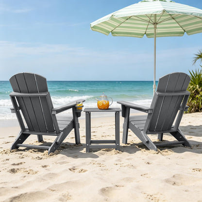Skypatio 3 Pieces Folding Adirondack Chairs Set, Weather Resistant Adirondack Chairs Set of 2 with Cup Holder and 1 Side Table, 380 lb Weight Capacity Portable Patio Fire Pit Chairs (Gray)