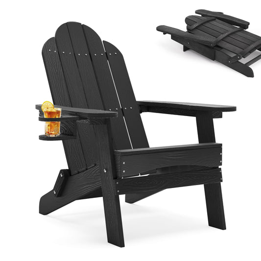 LUE BONA Folding Adirondack Chair Set of 4, Dark Gray HDPS Fire Pit Patio Chairs Weather Resistant, Modern Plastic Outdoor Chairs with Cup Holder | All-weather-resistant, ergonomic curved design, all-day comfortable sitting, HDPS Distinct texture & vibran
