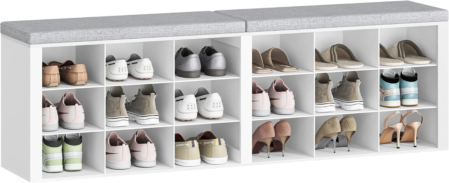 Hzuaneri Shoe Storage Bench with Cushion, Storage Bench with 18 Cubbies | 9.5" Widened Organizer Cabinet, Bench with Storage, Long Cubby Rack for Living Room, Bedroom, Entryway, White SB25703GY