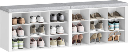 Hzuaneri Shoe Storage Bench with Cushion, Storage Bench with 18 Cubbies | 9.5" Widened Organizer Cabinet, Bench with Storage, Long Cubby Rack for Living Room, Bedroom, Entryway, White SB25703GY