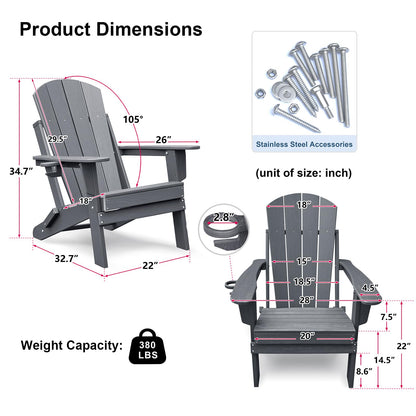 Skypatio 3 Pieces Folding Adirondack Chairs Set, Weather Resistant Adirondack Chairs Set of 2 with Cup Holder and 1 Side Table, 380 lb Weight Capacity Portable Patio Fire Pit Chairs (Gray)