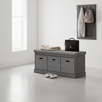 HOMCOM Shoe Bench with Seat Cushion 3 Foldable Fabric Drawers Washed Grey | Entryway Bench, Hallway, Living Room