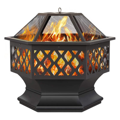Yaheetech Hexagon Fire Pit Fireplace Portable Firepit Iron Brazier Wood Burning Coal Pit Hex Shaped Fire Bowl Stove with Spark Screen Cover for Outdoor Outside Camping Patio Garden Backyard 24in Black