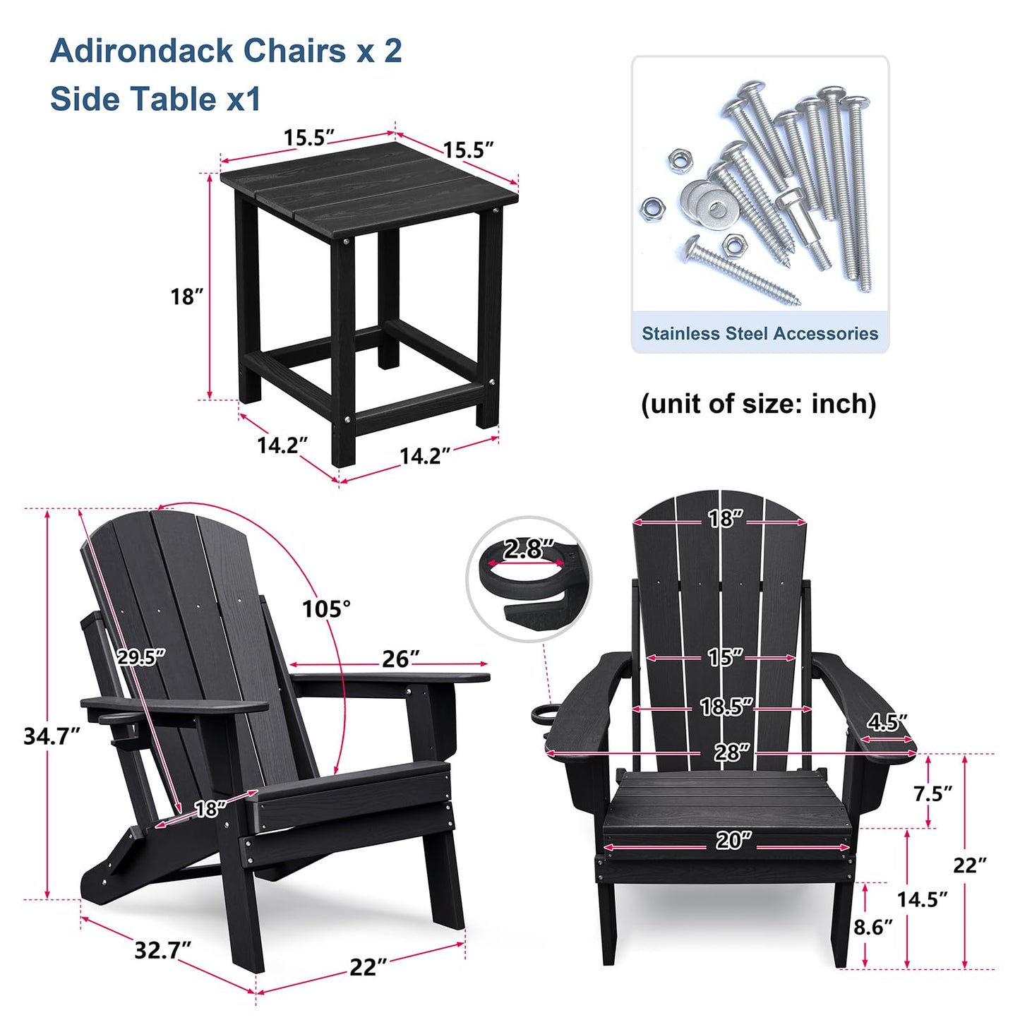 Skypatio 3 Pieces Folding Adirondack Chairs Set, Weather Resistant Adirondack Chairs Set of 2 with Cup Holder and 1 Side Table, 380 lb Weight Capacity Portable Patio Fire Pit Chairs (Gray)