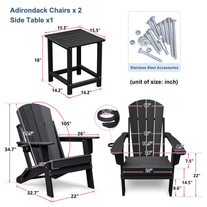 Skypatio 3 Pieces Folding Adirondack Chairs Set, Weather Resistant Adirondack Chairs Set of 2 with Cup Holder and 1 Side Table, 380 lb Weight Capacity Portable Patio Fire Pit Chairs (Gray)