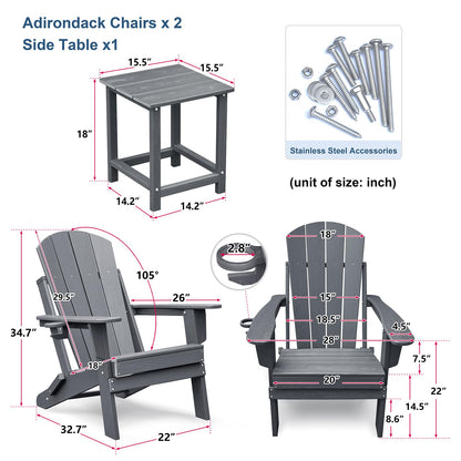 Skypatio 3 Pieces Folding Adirondack Chairs Set, Weather Resistant Adirondack Chairs Set of 2 with Cup Holder and 1 Side Table, 380 lb Weight Capacity Portable Patio Fire Pit Chairs (Gray)