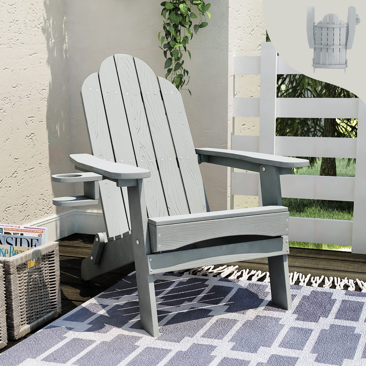 LUE BONA Folding Adirondack Chair Set of 4, Dark Gray HDPS Fire Pit Patio Chairs Weather Resistant, Modern Plastic Outdoor Chairs with Cup Holder | All-weather-resistant, ergonomic curved design, all-day comfortable sitting, HDPS Distinct texture & vibran