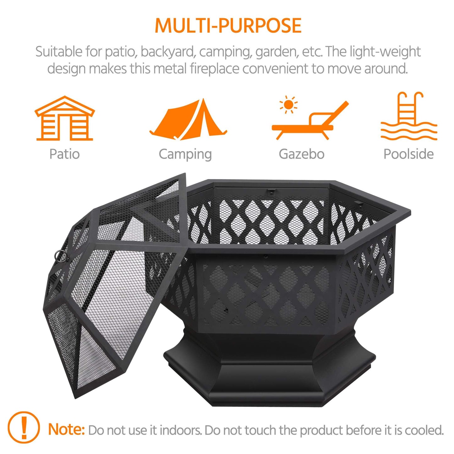Yaheetech Hexagon Fire Pit Fireplace Portable Firepit Iron Brazier Wood Burning Coal Pit Hex Shaped Fire Bowl Stove with Spark Screen Cover for Outdoor Outside Camping Patio Garden Backyard 24in Black
