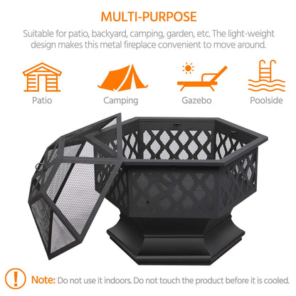 Yaheetech Hexagon Fire Pit Fireplace Portable Firepit Iron Brazier Wood Burning Coal Pit Hex Shaped Fire Bowl Stove with Spark Screen Cover for Outdoor Outside Camping Patio Garden Backyard 24in Black