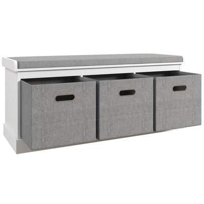 HOMCOM Shoe Bench with Seat Cushion 3 Foldable Fabric Drawers Washed Grey | Entryway Bench, Hallway, Living Room