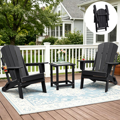 Skypatio 3 Pieces Folding Adirondack Chairs Set, Weather Resistant Adirondack Chairs Set of 2 with Cup Holder and 1 Side Table, 380 lb Weight Capacity Portable Patio Fire Pit Chairs (Gray)