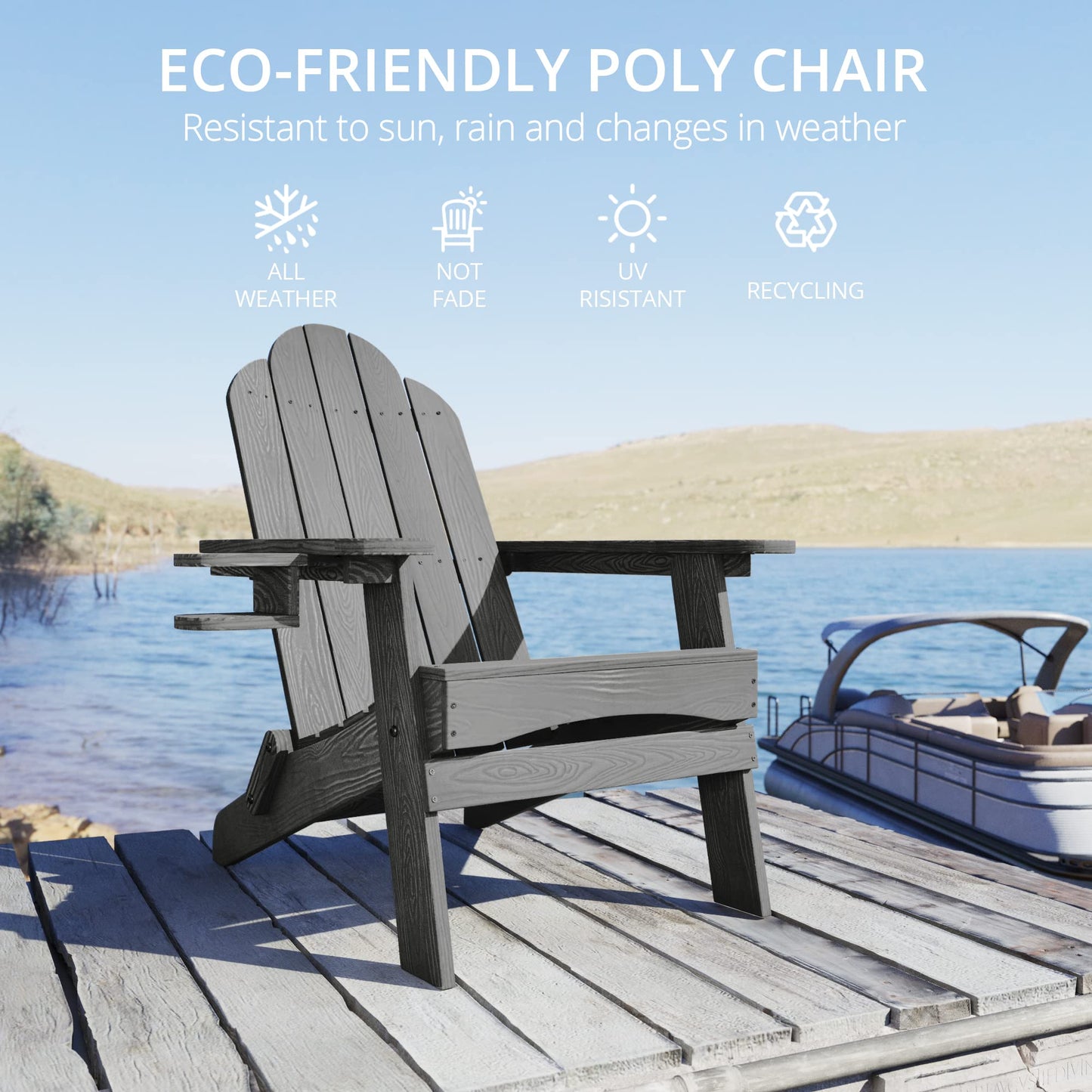 LUE BONA Folding Adirondack Chair Set of 4, Dark Gray HDPS Fire Pit Patio Chairs Weather Resistant, Modern Plastic Outdoor Chairs with Cup Holder | All-weather-resistant, ergonomic curved design, all-day comfortable sitting, HDPS Distinct texture & vibran