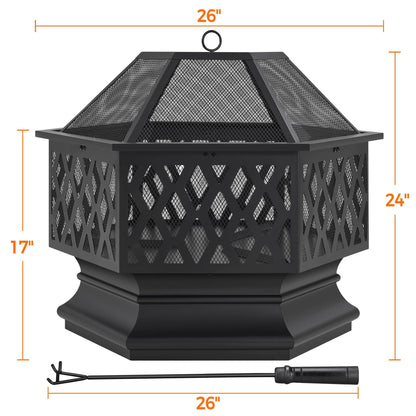 Yaheetech Hexagon Fire Pit Fireplace Portable Firepit Iron Brazier Wood Burning Coal Pit Hex Shaped Fire Bowl Stove with Spark Screen Cover for Outdoor Outside Camping Patio Garden Backyard 24in Black