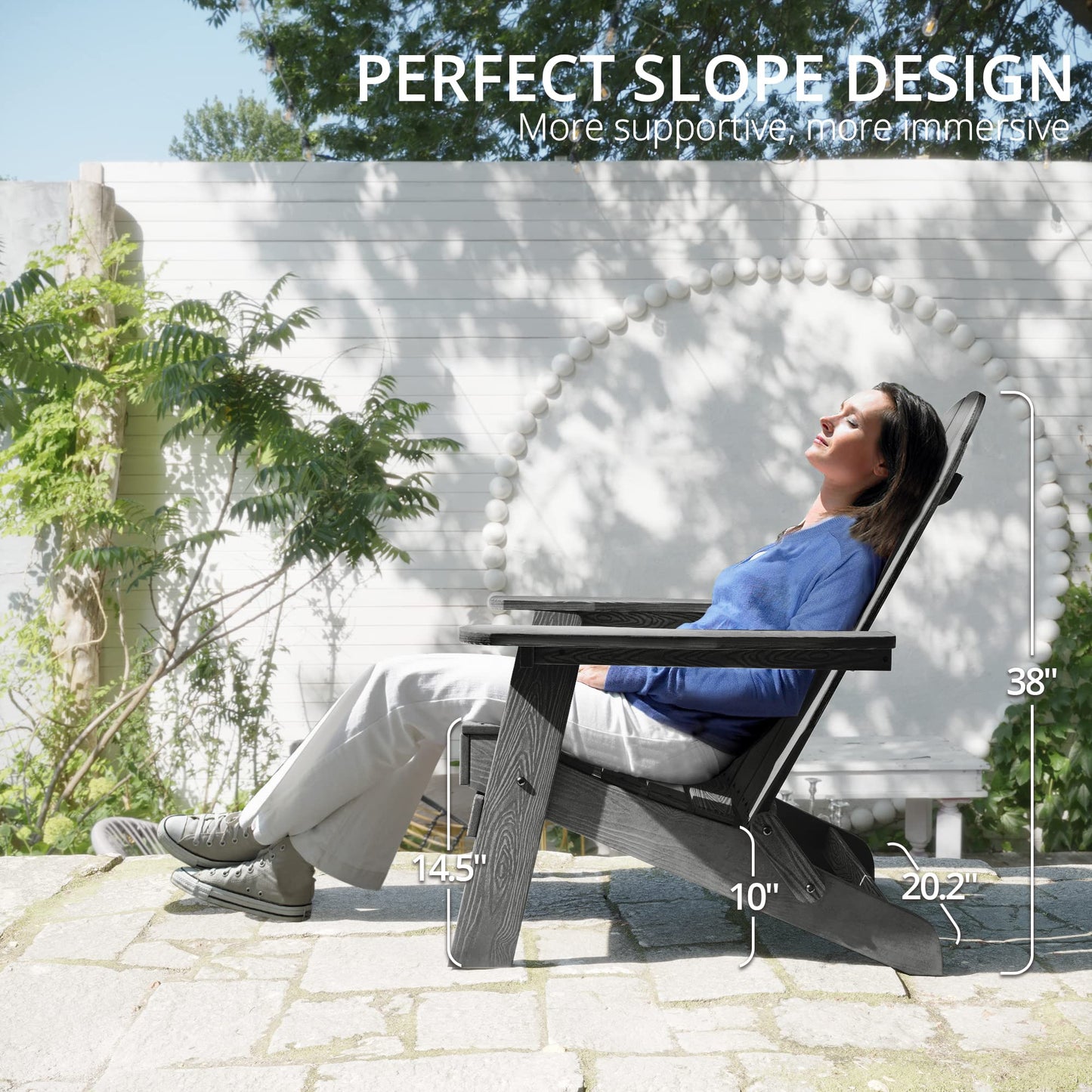 LUE BONA Folding Adirondack Chair Set of 4, Dark Gray HDPS Fire Pit Patio Chairs Weather Resistant, Modern Plastic Outdoor Chairs with Cup Holder | All-weather-resistant, ergonomic curved design, all-day comfortable sitting, HDPS Distinct texture & vibran