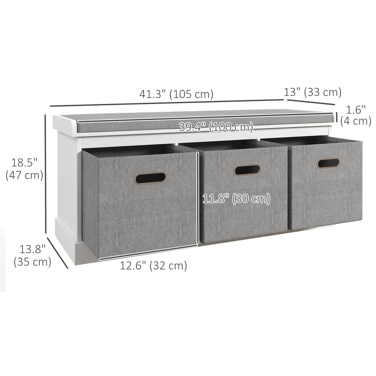 HOMCOM Shoe Bench with Seat Cushion 3 Foldable Fabric Drawers Washed Grey | Entryway Bench, Hallway, Living Room