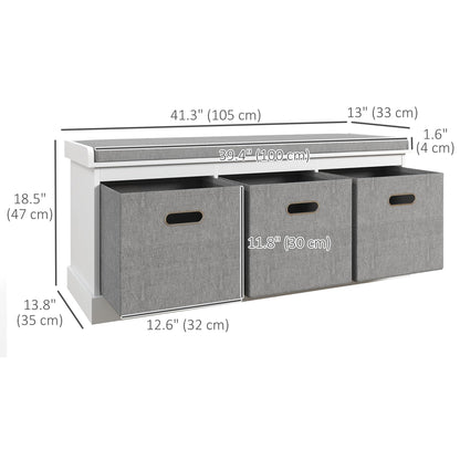 HOMCOM Shoe Bench with Seat Cushion 3 Foldable Fabric Drawers Washed Grey | Entryway Bench, Hallway, Living Room