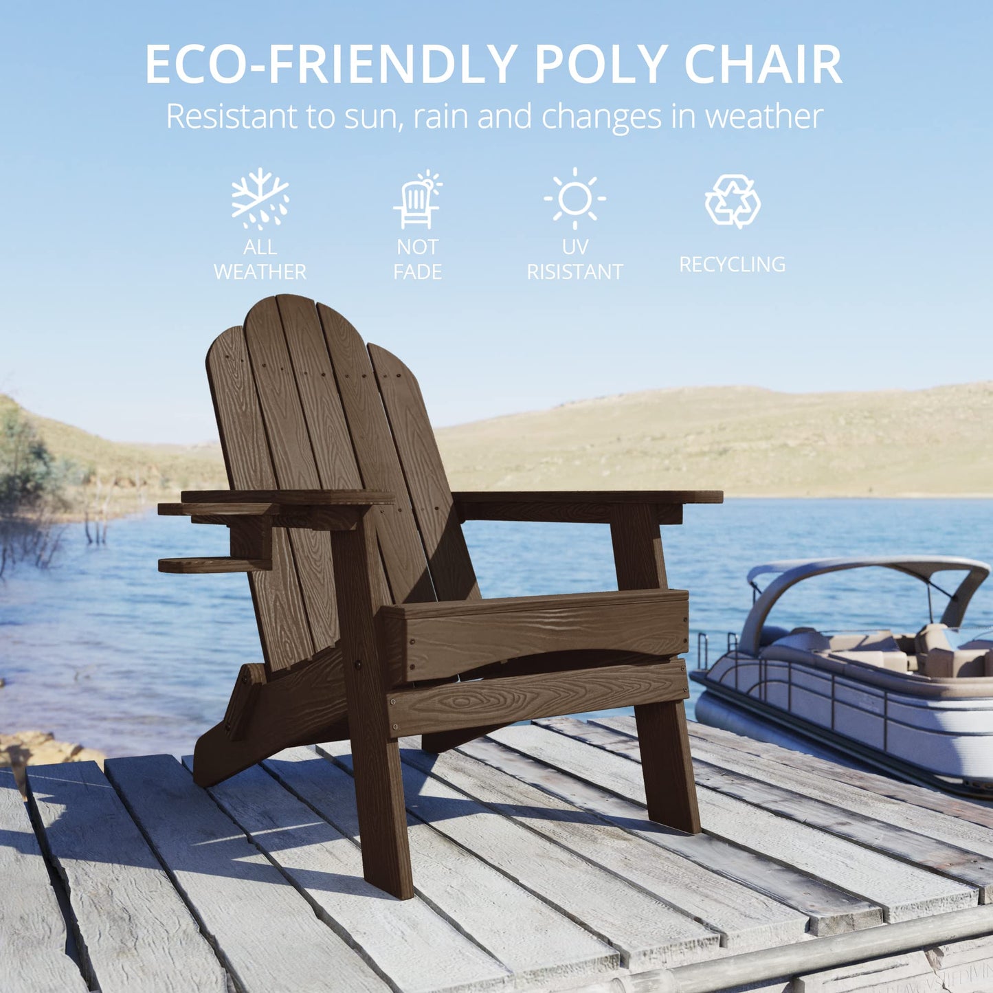 LUE BONA Folding Adirondack Chair Set of 4, Dark Gray HDPS Fire Pit Patio Chairs Weather Resistant, Modern Plastic Outdoor Chairs with Cup Holder | All-weather-resistant, ergonomic curved design, all-day comfortable sitting, HDPS Distinct texture & vibran