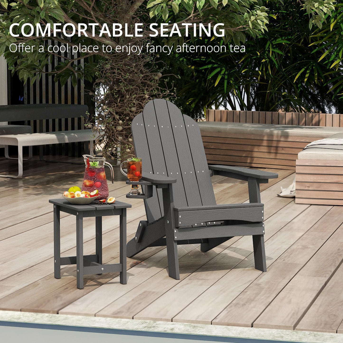 LUE BONA Folding Adirondack Chair Set of 4, Dark Gray HDPS Fire Pit Patio Chairs Weather Resistant, Modern Plastic Outdoor Chairs with Cup Holder | All-weather-resistant, ergonomic curved design, all-day comfortable sitting, HDPS Distinct texture & vibran