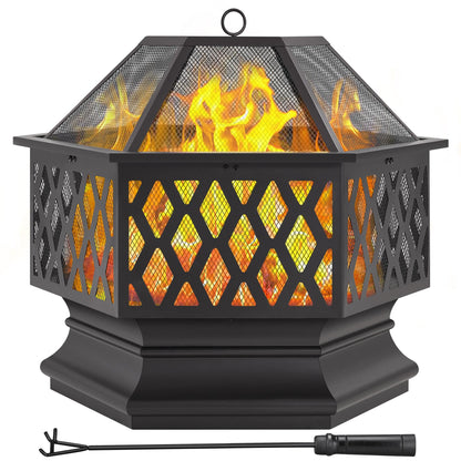 Yaheetech Hexagon Fire Pit Fireplace Portable Firepit Iron Brazier Wood Burning Coal Pit Hex Shaped Fire Bowl Stove with Spark Screen Cover for Outdoor Outside Camping Patio Garden Backyard 24in Black