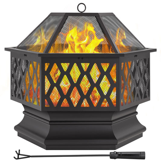 Yaheetech Hexagon Fire Pit Fireplace Portable Firepit Iron Brazier Wood Burning Coal Pit Hex Shaped Fire Bowl Stove with Spark Screen Cover for Outdoor Outside Camping Patio Garden Backyard 24in Black