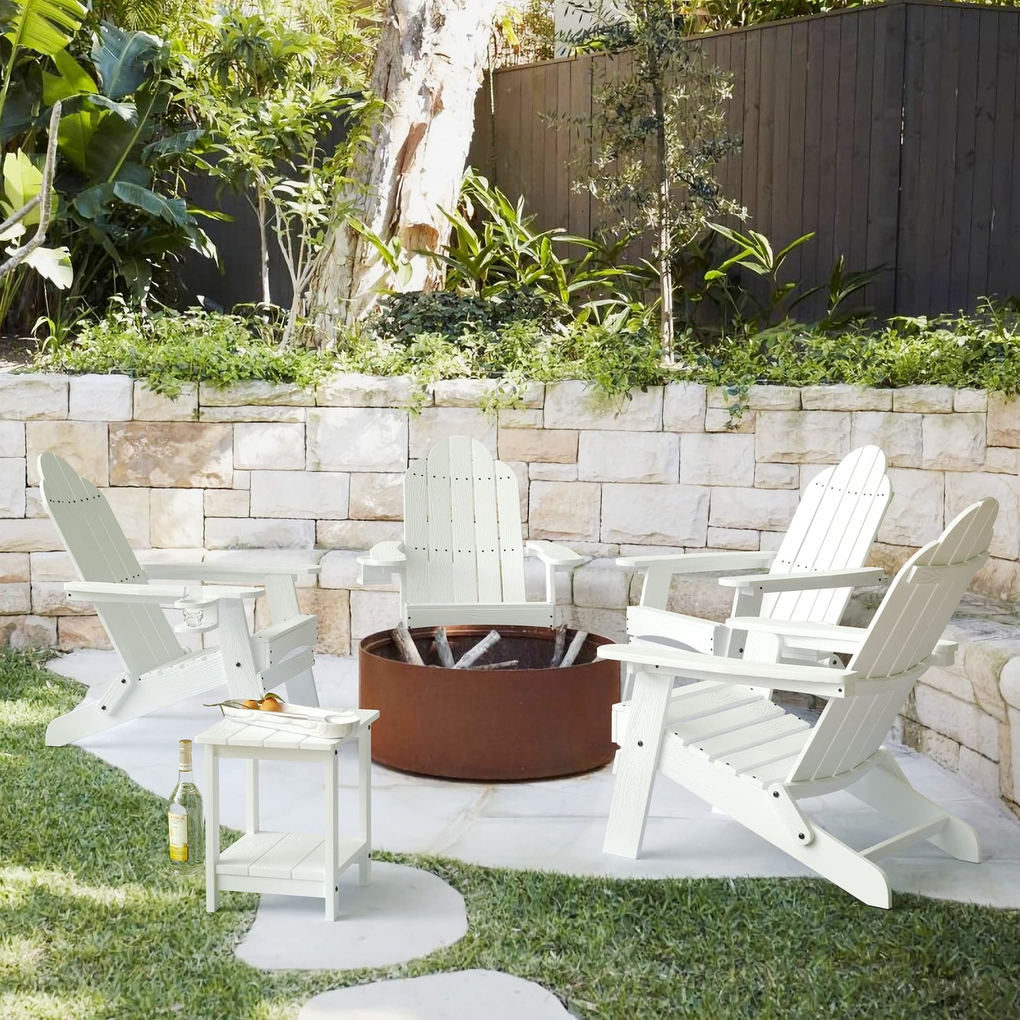LUE BONA Folding Adirondack Chair Set of 4, Dark Gray HDPS Fire Pit Patio Chairs Weather Resistant, Modern Plastic Outdoor Chairs with Cup Holder | All-weather-resistant, ergonomic curved design, all-day comfortable sitting, HDPS Distinct texture & vibran