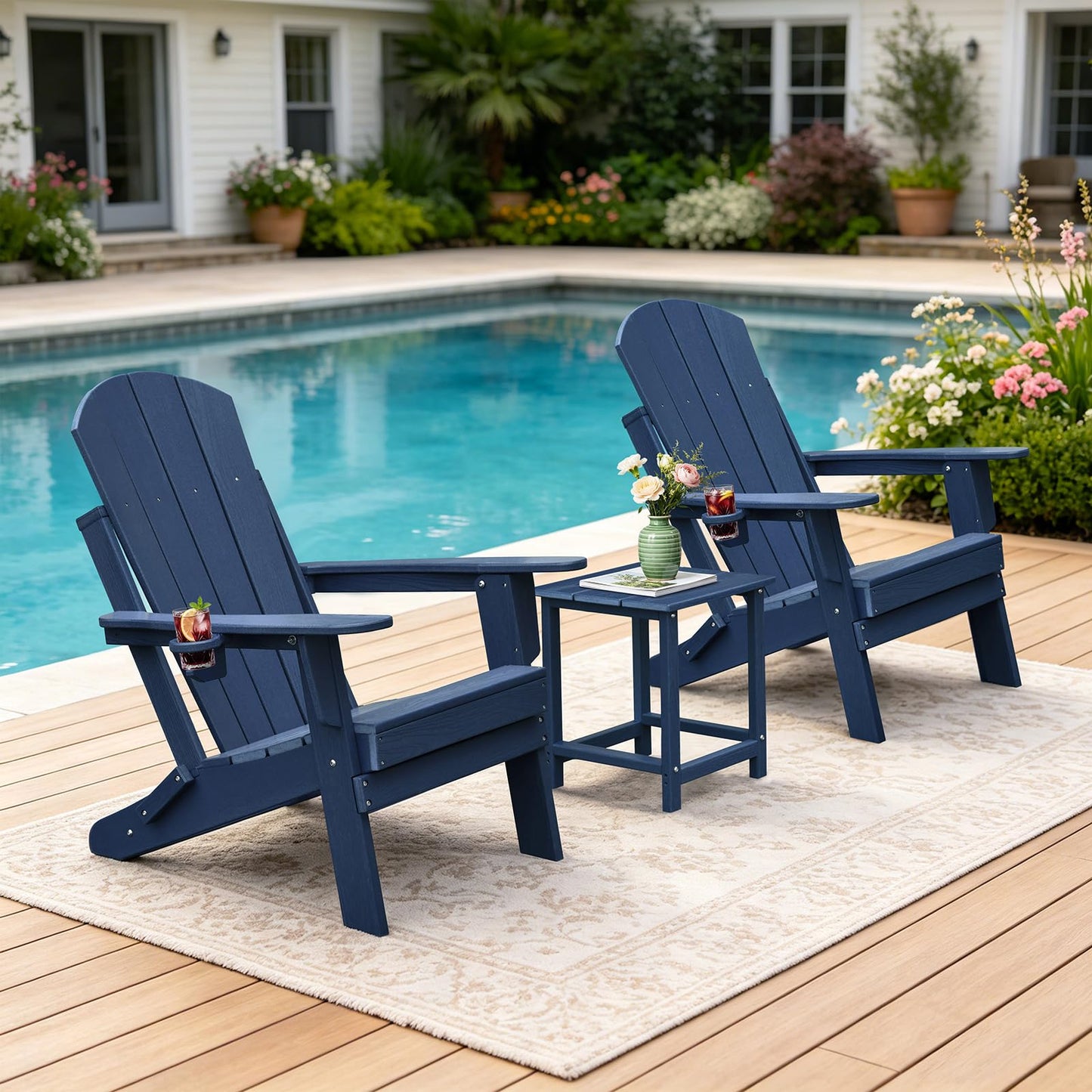 Skypatio 3 Pieces Folding Adirondack Chairs Set, Weather Resistant Adirondack Chairs Set of 2 with Cup Holder and 1 Side Table, 380 lb Weight Capacity Portable Patio Fire Pit Chairs (Gray)