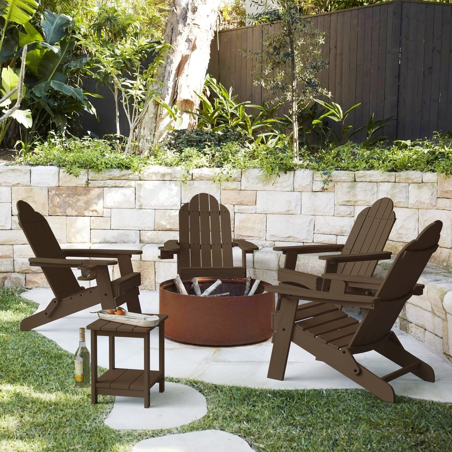 LUE BONA Folding Adirondack Chair Set of 4, Dark Gray HDPS Fire Pit Patio Chairs Weather Resistant, Modern Plastic Outdoor Chairs with Cup Holder | All-weather-resistant, ergonomic curved design, all-day comfortable sitting, HDPS Distinct texture & vibran