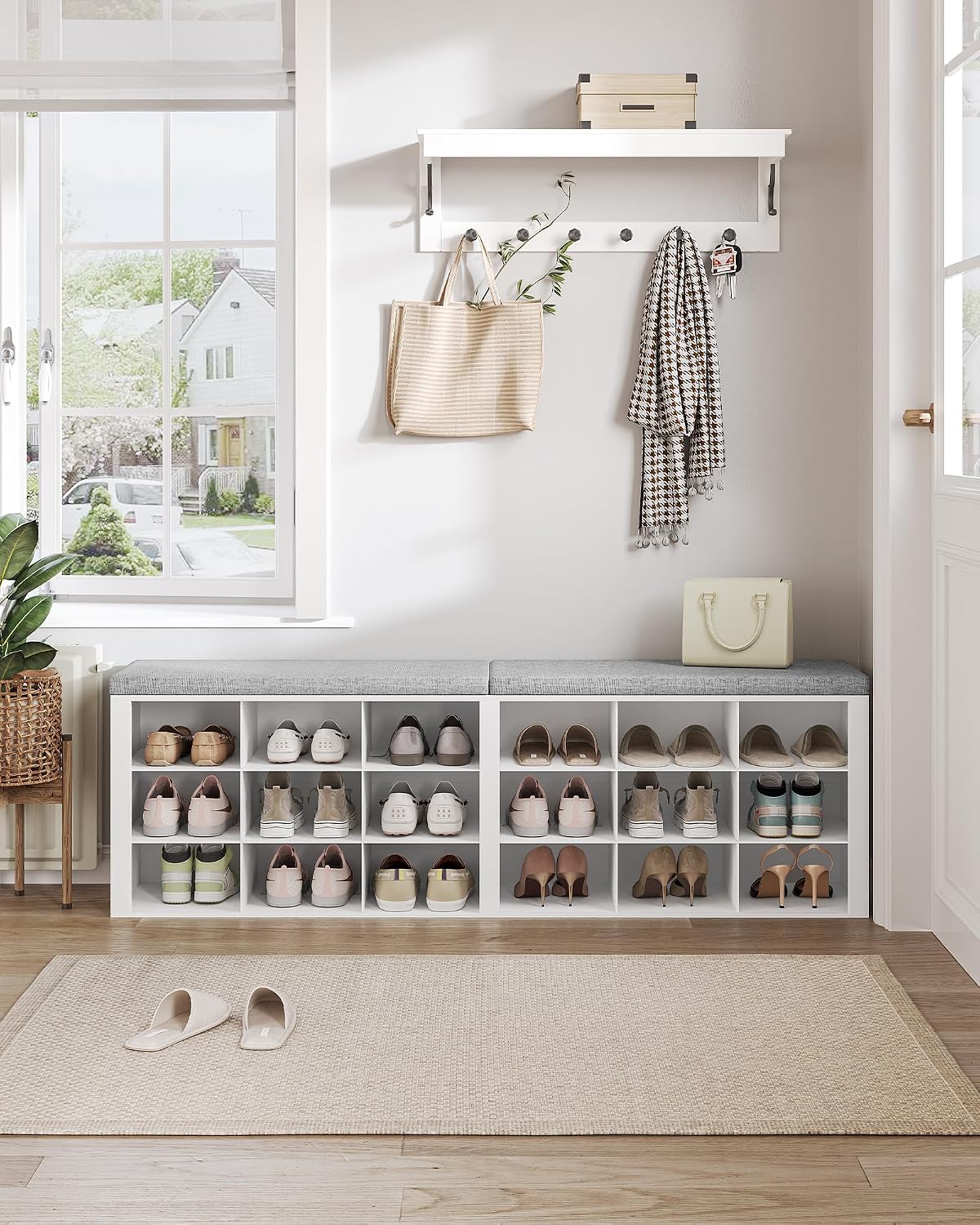 Hzuaneri Shoe Storage Bench with Cushion, Storage Bench with 18 Cubbies | 9.5" Widened Organizer Cabinet, Bench with Storage, Long Cubby Rack for Living Room, Bedroom, Entryway, White SB25703GY