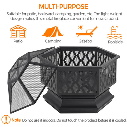 Yaheetech Hexagon Fire Pit Fireplace Portable Firepit Iron Brazier Wood Burning Coal Pit Hex Shaped Fire Bowl Stove with Spark Screen Cover for Outdoor Outside Camping Patio Garden Backyard 24in Black