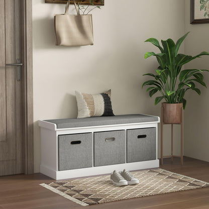 HOMCOM Shoe Bench with Seat Cushion 3 Foldable Fabric Drawers Washed Grey | Entryway Bench, Hallway, Living Room