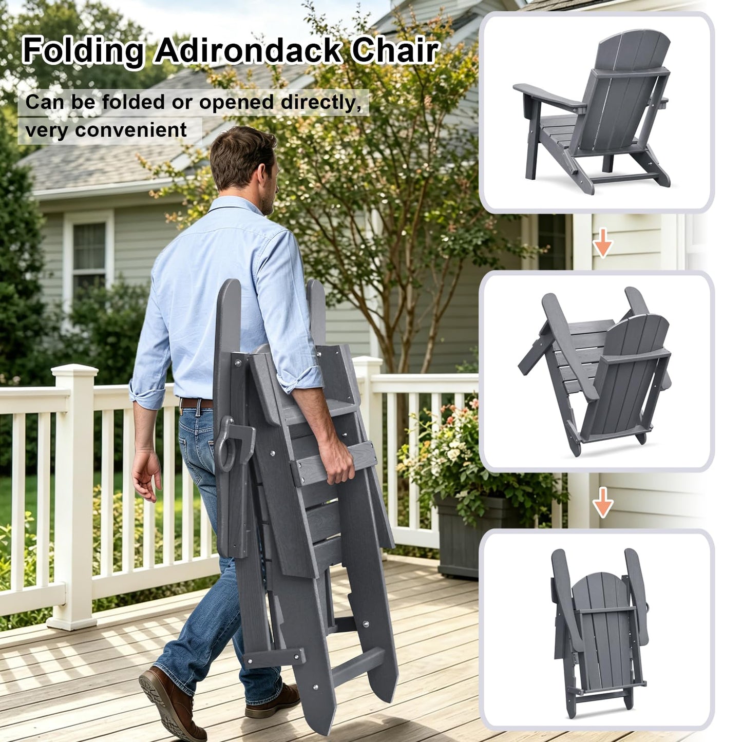 Skypatio 3 Pieces Folding Adirondack Chairs Set, Weather Resistant Adirondack Chairs Set of 2 with Cup Holder and 1 Side Table, 380 lb Weight Capacity Portable Patio Fire Pit Chairs (Gray)