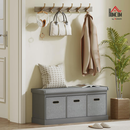 HOMCOM Shoe Bench with Seat Cushion 3 Foldable Fabric Drawers Washed Grey | Entryway Bench, Hallway, Living Room