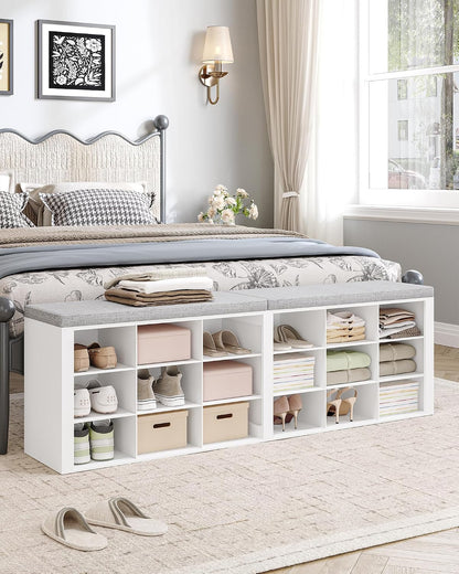Hzuaneri Shoe Storage Bench with Cushion, Storage Bench with 18 Cubbies | 9.5" Widened Organizer Cabinet, Bench with Storage, Long Cubby Rack for Living Room, Bedroom, Entryway, White SB25703GY
