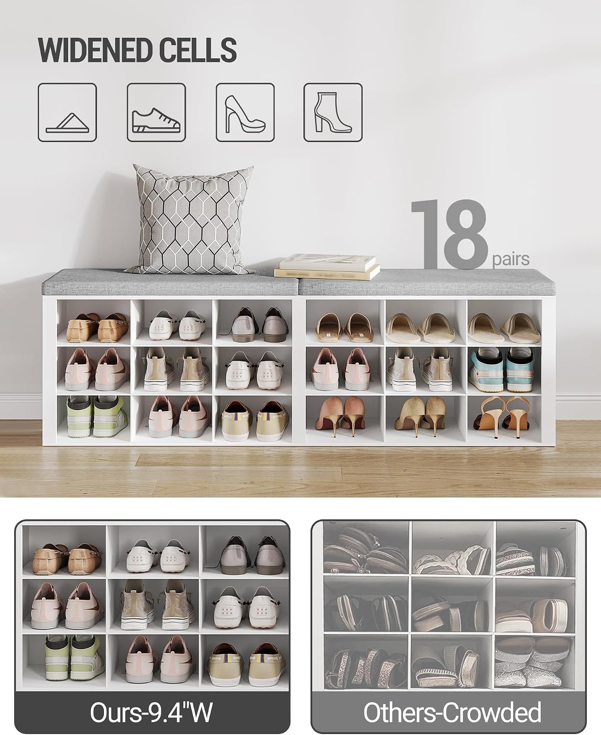 Hzuaneri Shoe Storage Bench with Cushion, Storage Bench with 18 Cubbies | 9.5" Widened Organizer Cabinet, Bench with Storage, Long Cubby Rack for Living Room, Bedroom, Entryway, White SB25703GY
